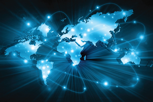 World map with digital blue lighting