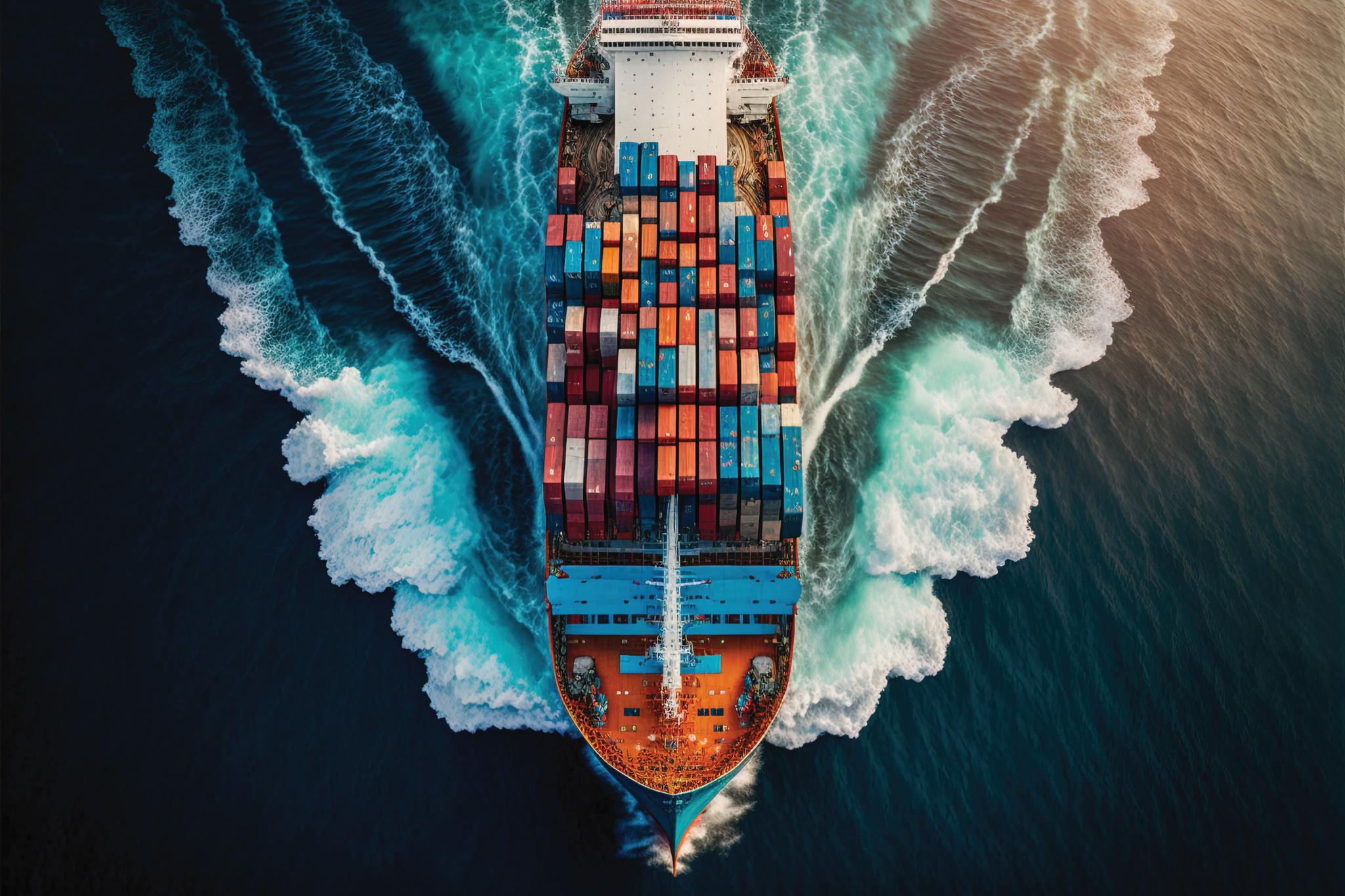 Image: Overhead photo of container ship in the water